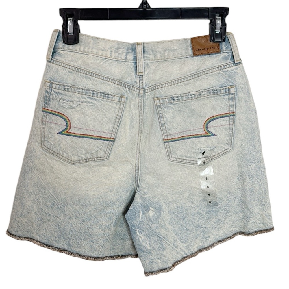 New American Eagle Rainbow embroidery High rise acid wash shorts light blue sz 6 - Picture 1 of 12